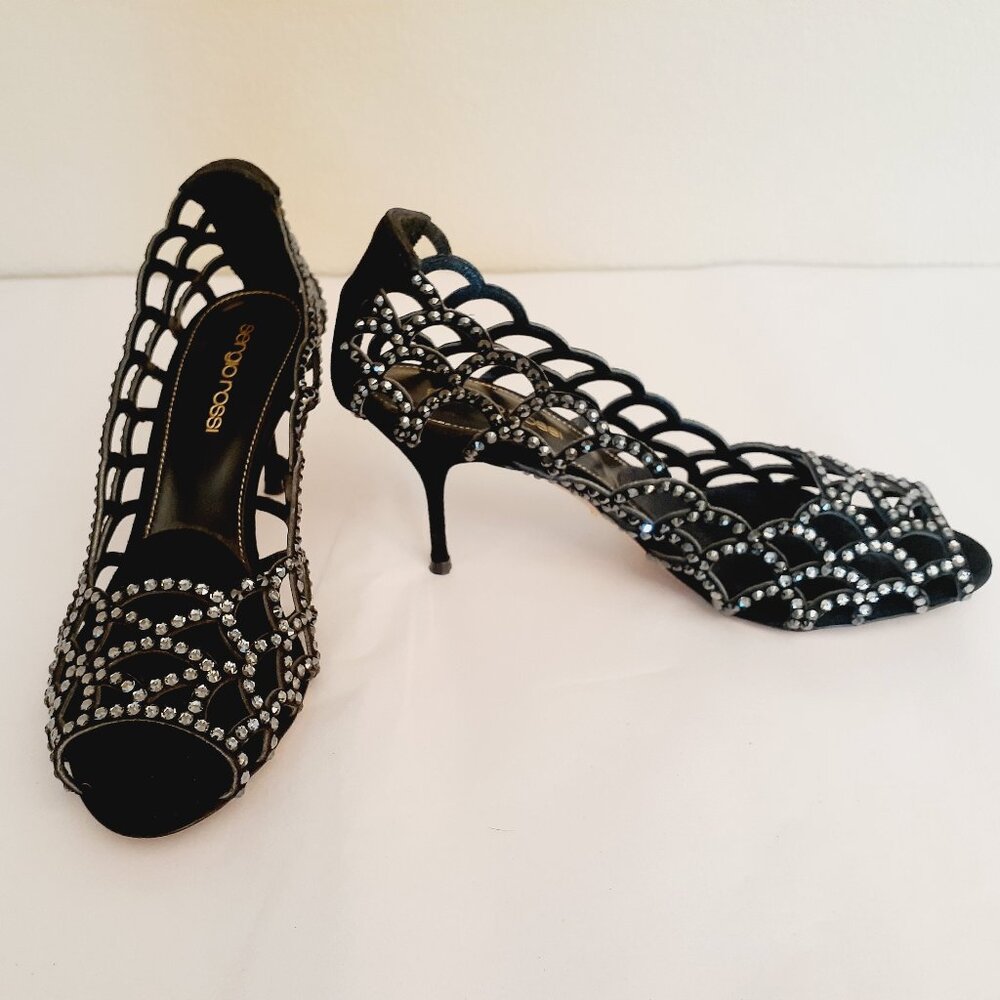 Elegant Black Peep-Toe Heels with Rhinestone Detailing